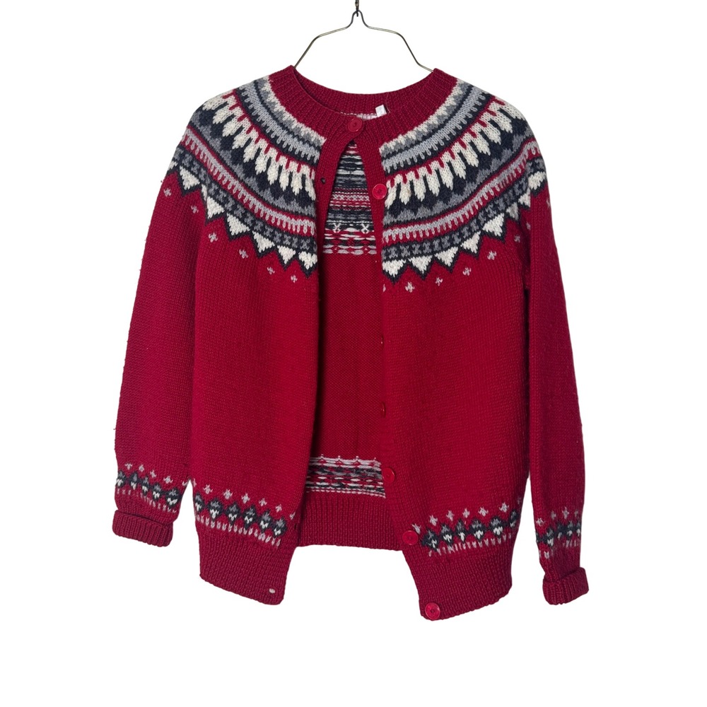 NONIA Newfoundland Red Wool Fair Isle Hand Knit‎ Cardigan Sweater Vintage SMALL